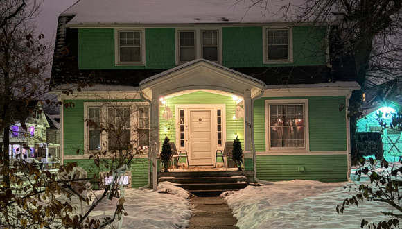 Snow-covered house in Ann Arbor during a University of Michigan exchange semester.