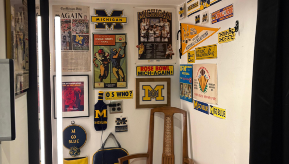 University of Michigan memorabilia and campus decorations displayed indoors.
