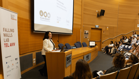 Dr. Evelyn Obele, Head of Scientific Affairs at the German Embassy in Tel Aviv, speaking at the Falling Walls Lab Tel Aviv