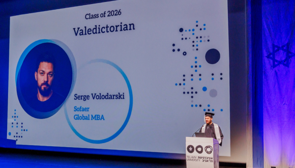 Valedictorian Serge Volodarski, Class of 2026, speaking at the TAU graduation ceremony