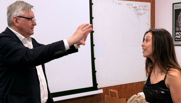 MFA Documentary Cinema student Kennedy Farrow (Canada) discussing documentary film making with filmmaker Sergei Loznitsa at a masterclass at Tel Aviv University