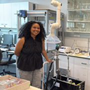 Hernandez Batista in the lab where she conducts research on nanobubbles, along with her supervisor Dr. Ines Zucker and the Ambassador of Panama to Israel Ezra Cohen.