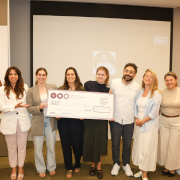 Flourish team members and Sofaer Global MBA representatives at Tel Aviv University hold the $10,000 Arlette Sofaer Prize check after the 2026 Sofaer Pitch Competition